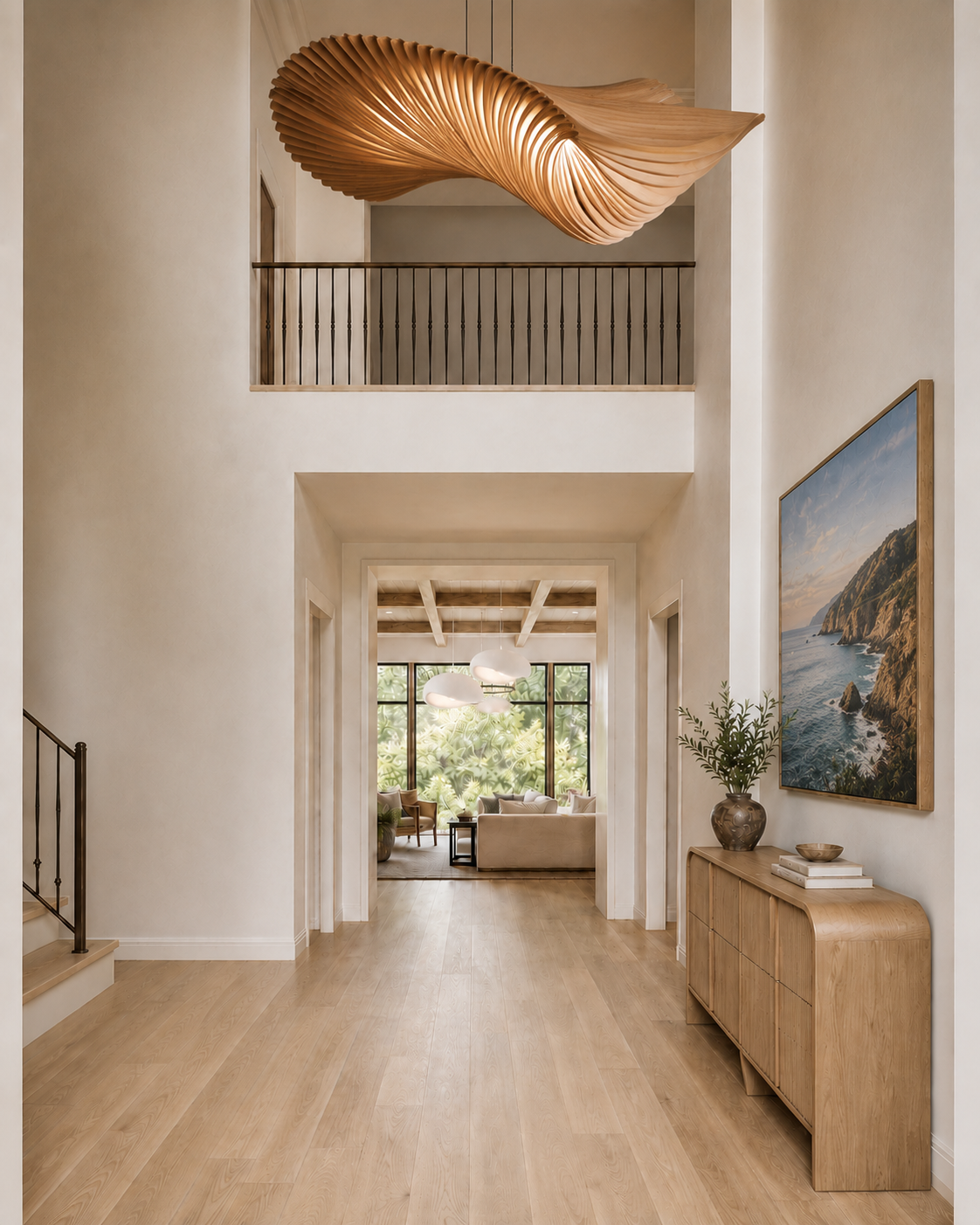 Render - double-height Entry concept with bridge and main stair at 38 Dubois Avenue.