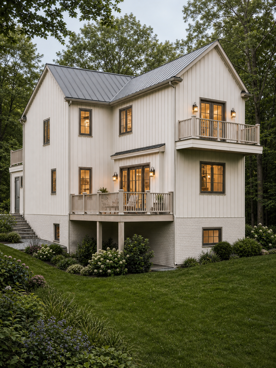 Render - rear and side exterior concept showing the falling grade, elevated wood deck, and private balcony.