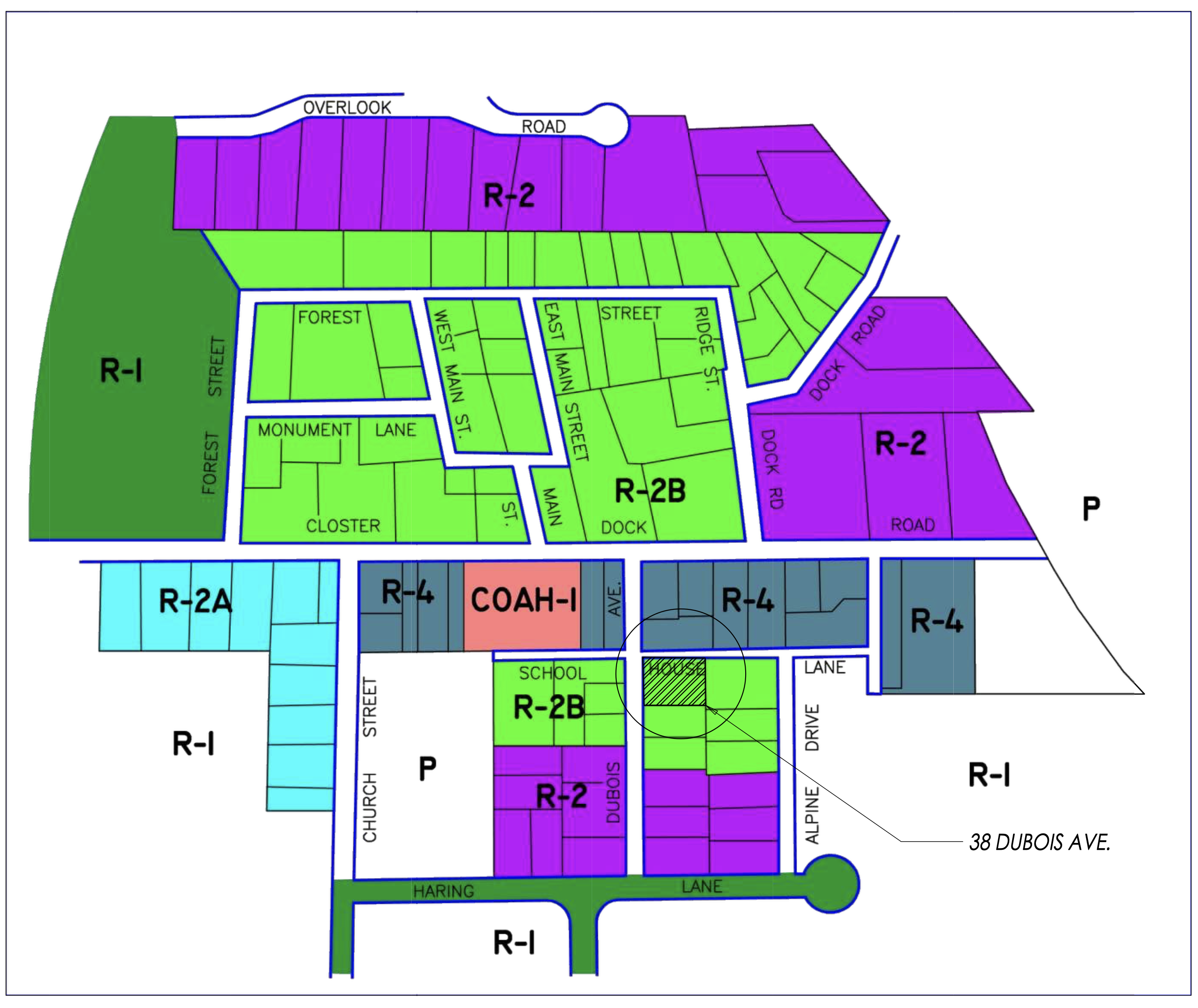 Alpine zoning map locating 38 Dubois Avenue in the R-2B district.